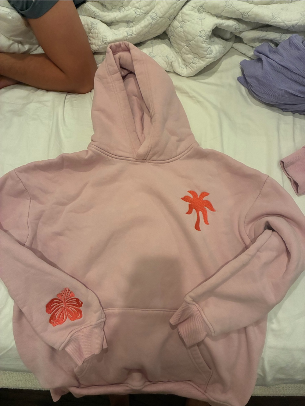Women's Pink Palm Embroidered Hoodie Sweatshirt